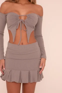 Rebellious Fashion Grey Rib Knit Bardot Cropped Top & Pleat Detail Mini Skirt Co-ord Set - Yancy