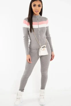 Rebellious Fashion Grey Rib Knit Colour Block Loungewear Set - Jaysie