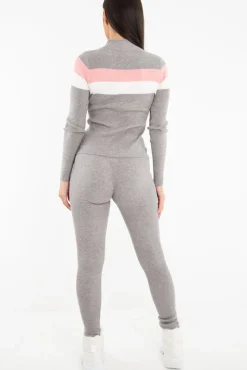 Rebellious Fashion Grey Rib Knit Colour Block Loungewear Set - Jaysie