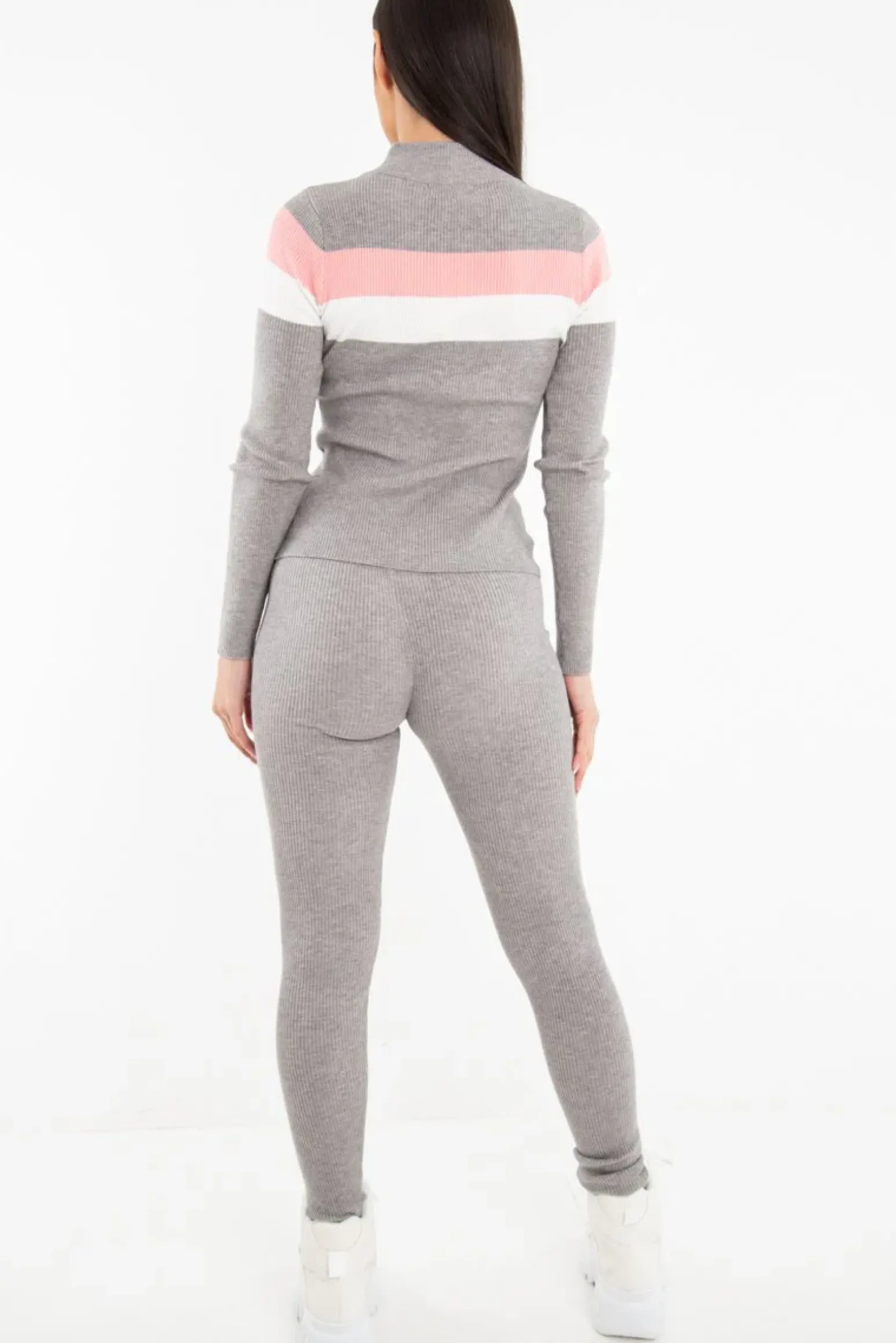Rebellious Fashion Grey Rib Knit Colour Block Loungewear Set - Jaysie