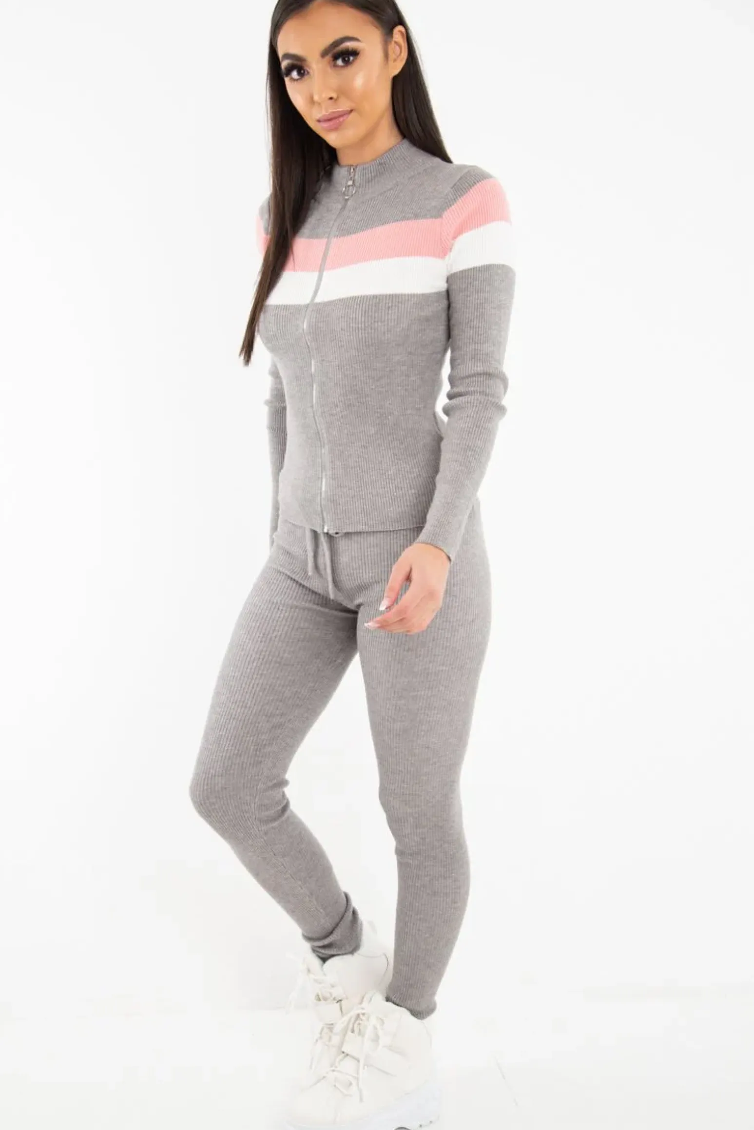 Rebellious Fashion Grey Rib Knit Colour Block Loungewear Set - Jaysie