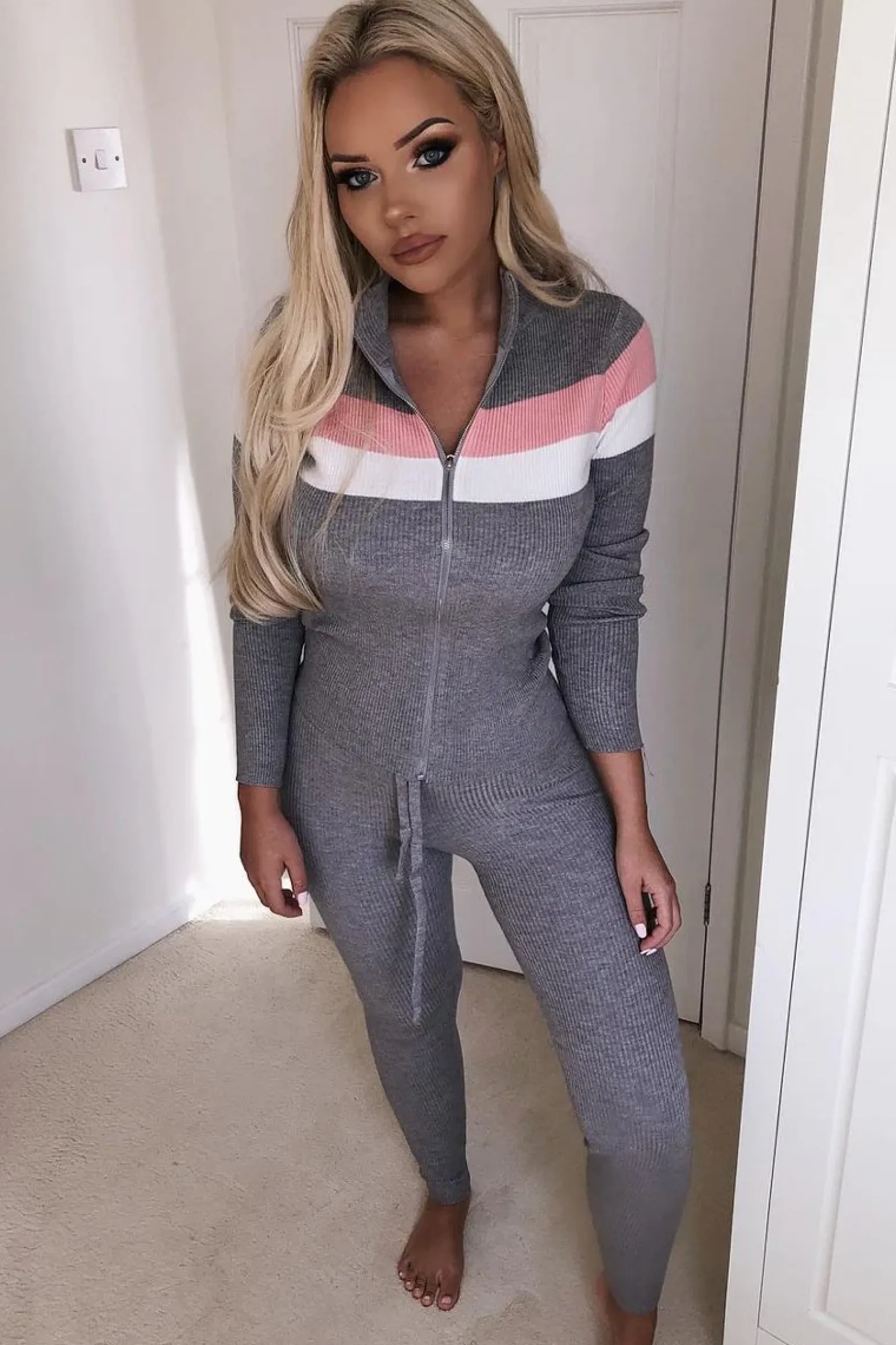 Rebellious Fashion Grey Rib Knit Colour Block Loungewear Set - Jaysie