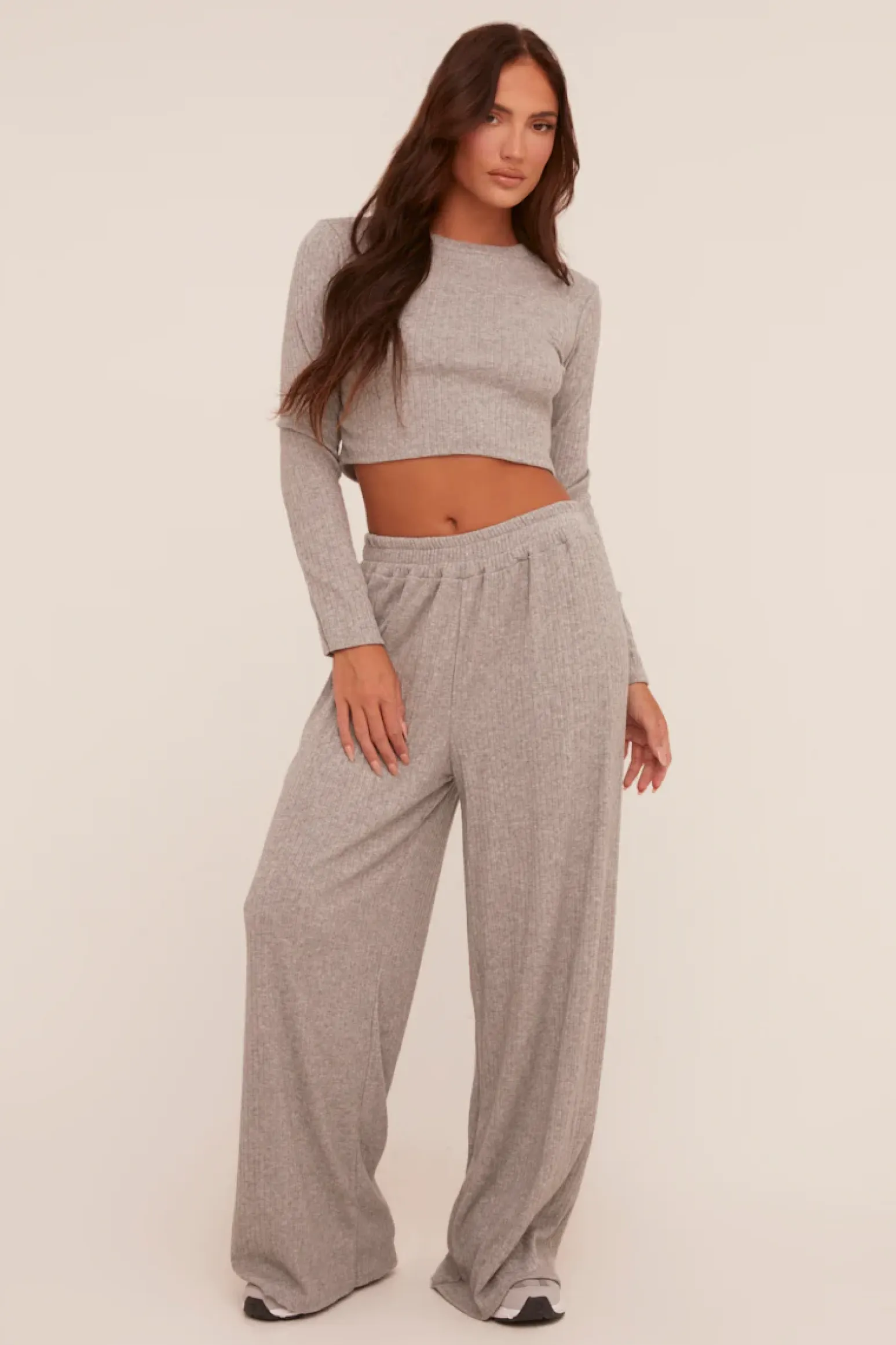 Rebellious Fashion Grey Rib Knit Long Sleeve Top & Wide Leg Trouser Co-ord Set - Damia