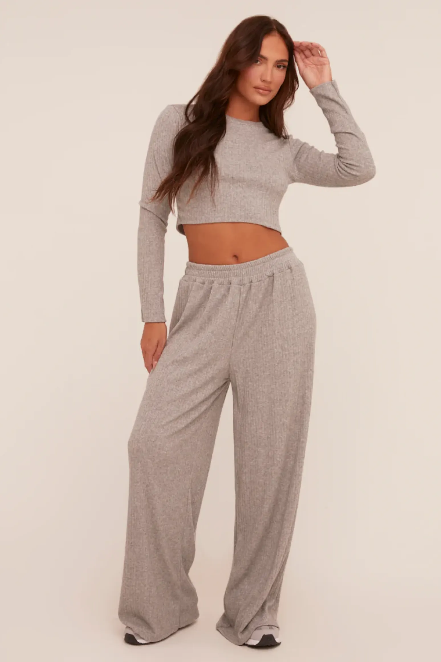 Rebellious Fashion Grey Rib Knit Long Sleeve Top & Wide Leg Trouser Co-ord Set - Damia
