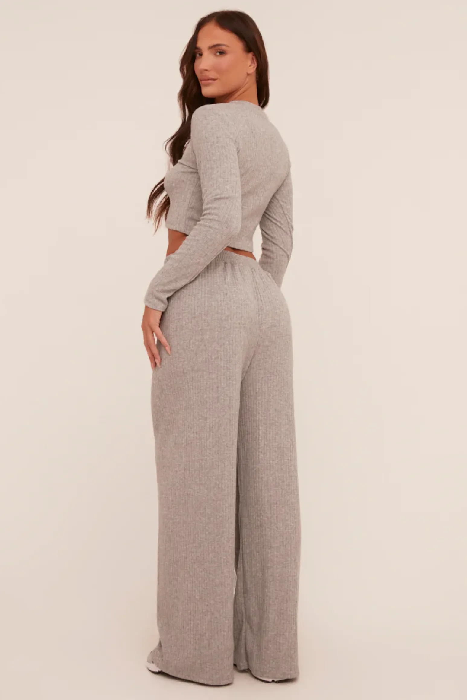 Rebellious Fashion Grey Rib Knit Long Sleeve Top & Wide Leg Trouser Co-ord Set - Damia