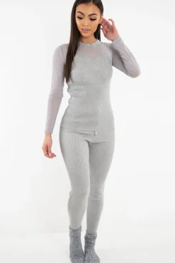 Rebellious Fashion Grey Rib Knit Mesh Insert Loungewear Set - Genavie