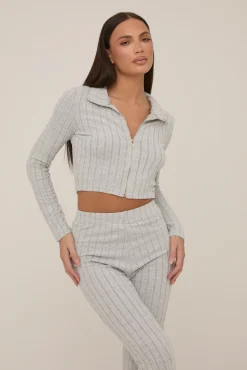 Rebellious Fashion Grey Rib Knit Zip Front Trouser Set - Alison