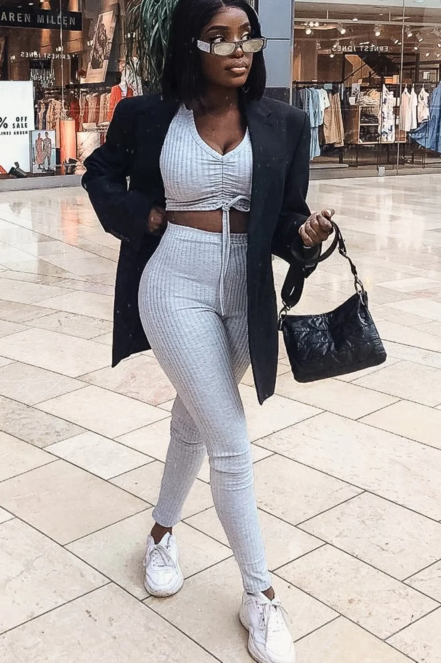 Rebellious Fashion Grey Rib Ruched Front Crop Top Legging Loungewear Co-Ord - Victoria