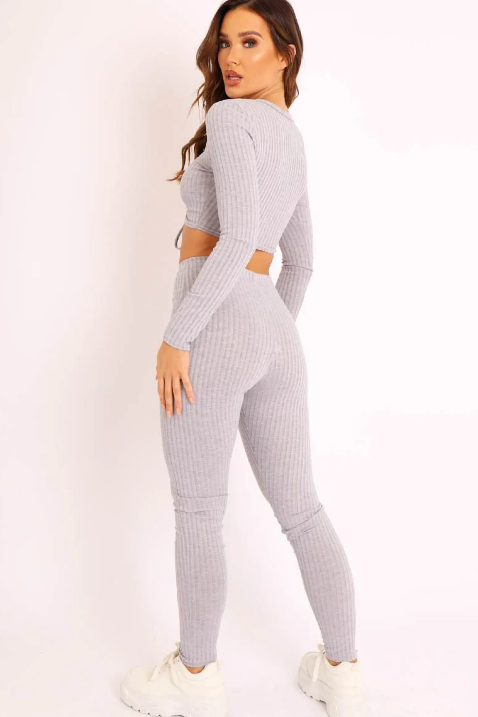 Rebellious Fashion Grey Rib Ruched Front Crop Top Legging Loungewear Co-Ord - Victoria