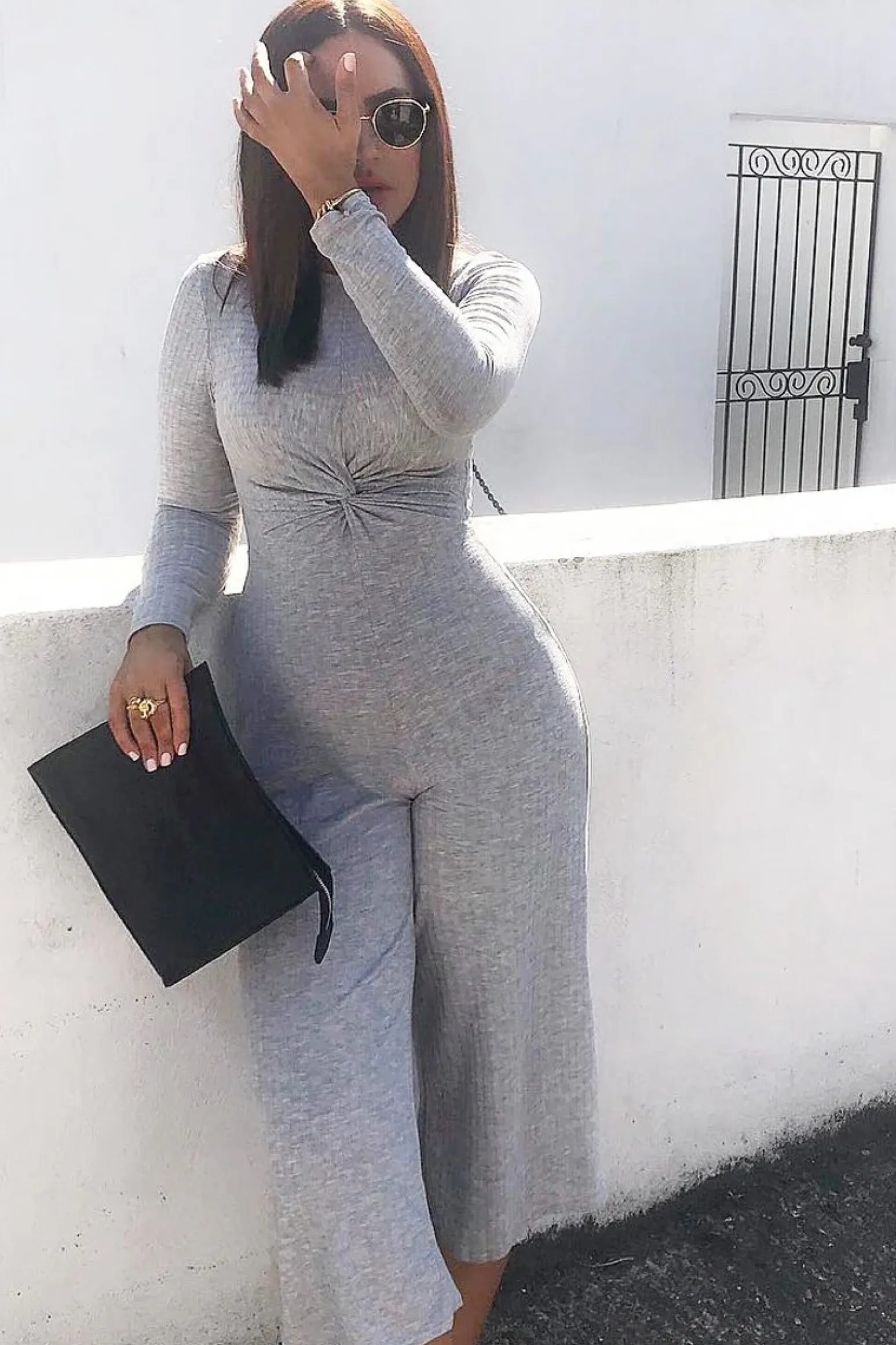 Rebellious Fashion Grey Rib Twist Front Culotte Jumpsuit - Elexis