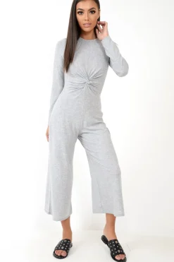 Rebellious Fashion Grey Rib Twist Front Culotte Jumpsuit - Elexis