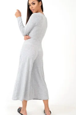 Rebellious Fashion Grey Rib Twist Front Culotte Jumpsuit - Elexis