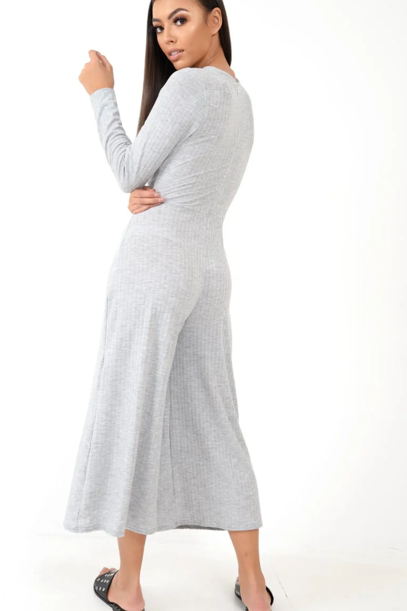 Rebellious Fashion Grey Rib Twist Front Culotte Jumpsuit - Elexis