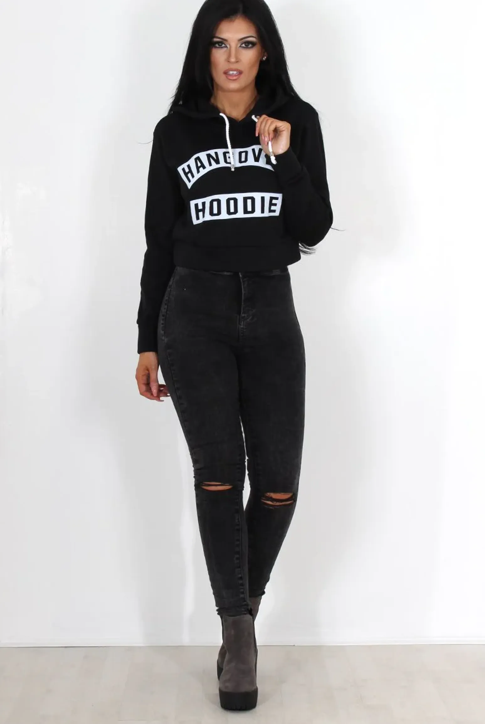 Rebellious Fashion Grey Ripped Knee High Waisted Jeans-Talia