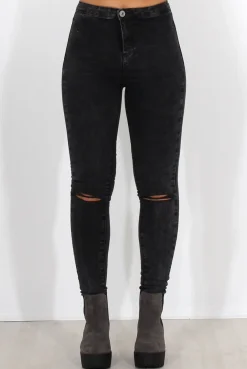 Rebellious Fashion Grey Ripped Knee High Waisted Jeans-Talia