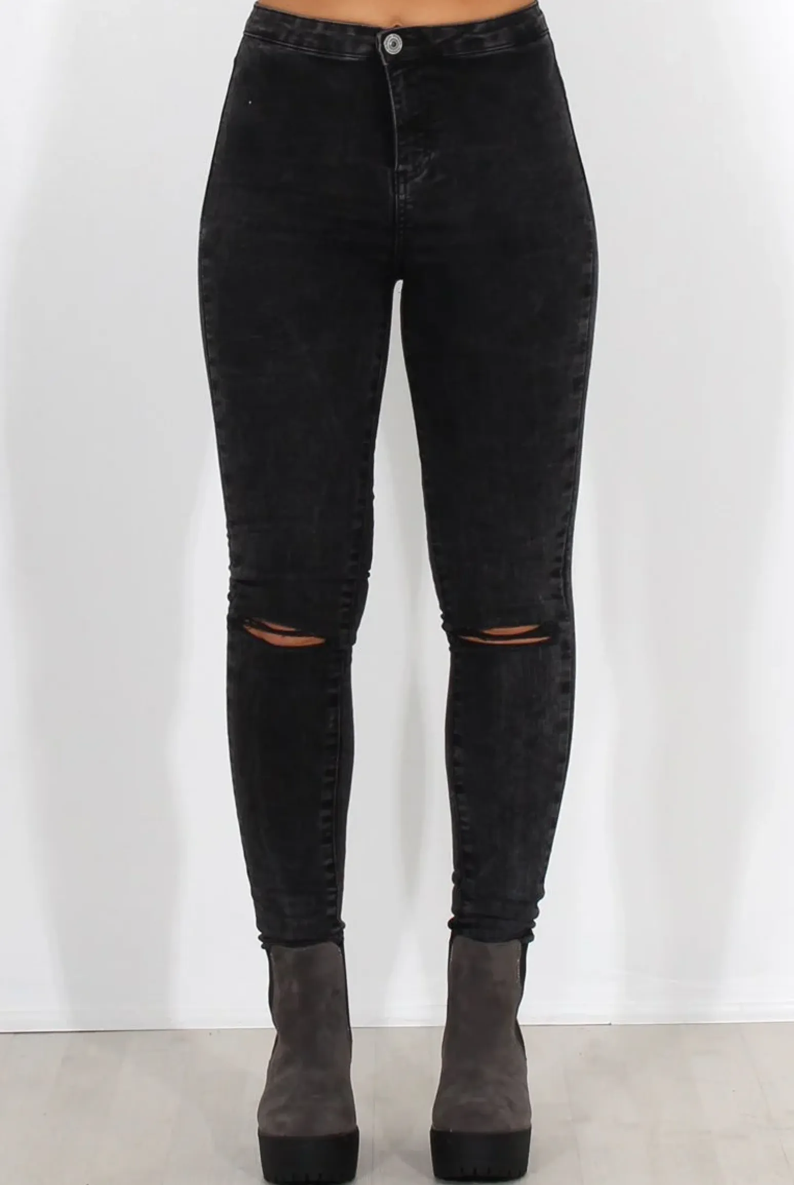 Rebellious Fashion Grey Ripped Knee High Waisted Jeans-Talia
