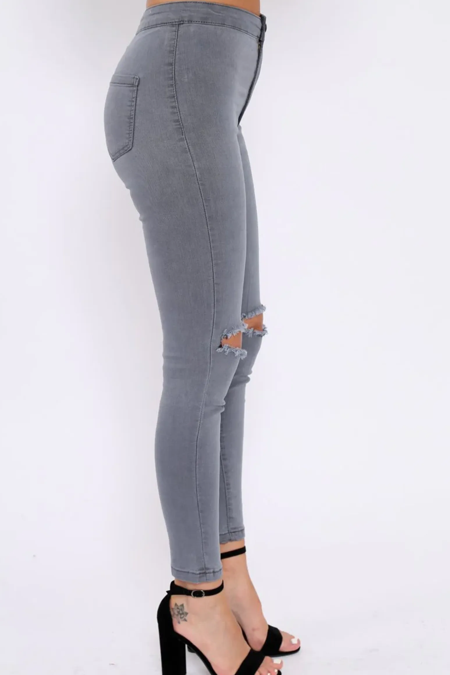 Rebellious Fashion Grey Ripped Knee High Waist Skinny Jeans -Leeya