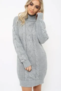 Rebellious Fashion Grey Roll Neck Cable Knit Jumper Dress - Dawn