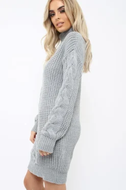 Rebellious Fashion Grey Roll Neck Cable Knit Jumper Dress - Dawn