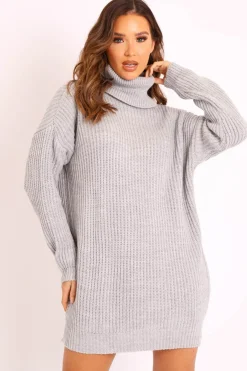 Rebellious Fashion Grey Roll Neck Mini Jumper Dress - Dariyana