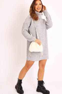 Rebellious Fashion Grey Roll Neck Mini Jumper Dress - Dariyana