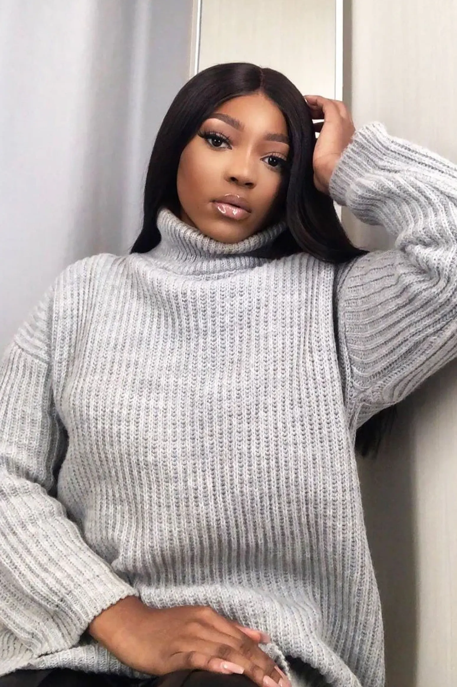 Rebellious Fashion Grey Roll Neck Mini Jumper Dress - Dariyana