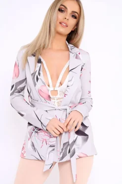 Rebellious Fashion Grey Rose Floral Belted Blazer - Kenna