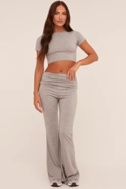 Rebellious Fashion Grey Round Neck Cropped Top & Flared Leg Trousers Co-ord - Charlett