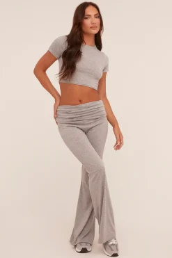 Rebellious Fashion Grey Round Neck Cropped Top & Flared Leg Trousers Co-ord - Charlett