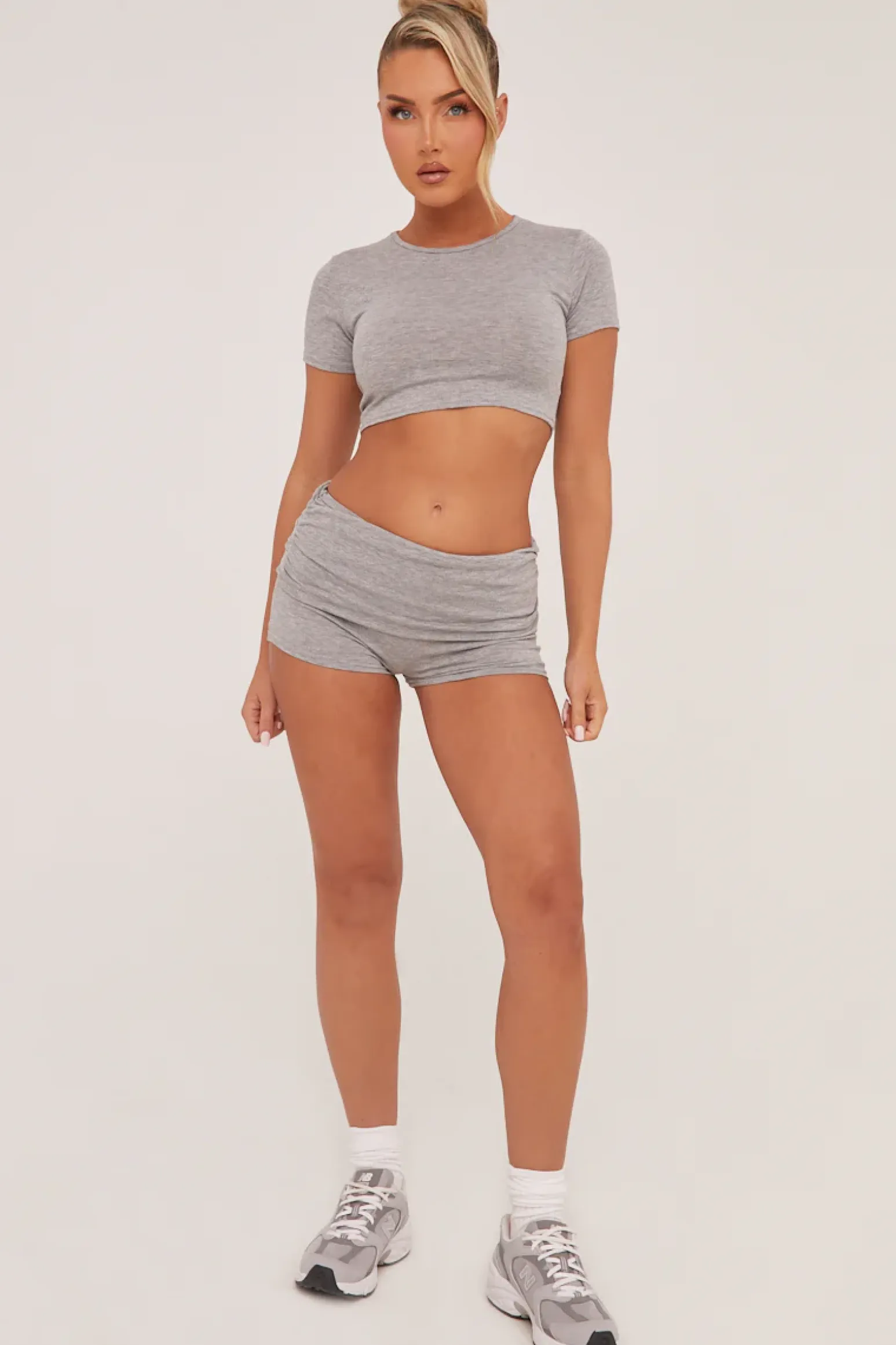 Rebellious Fashion Grey Round Neck Cropped Top & Ruched Shorts Co-ord Set - Lyla