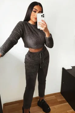 Rebellious Fashion Grey Round Neck Teddy Sweatshirt - Delsie