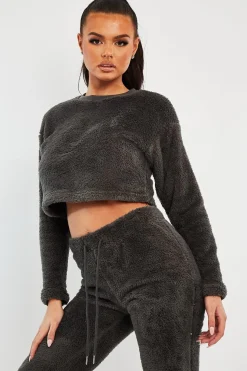Rebellious Fashion Grey Round Neck Teddy Sweatshirt - Delsie