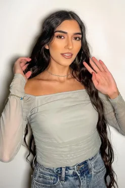 Rebellious Fashion Grey Ruched Body Mesh Sleeve Bodysuit - Raeya