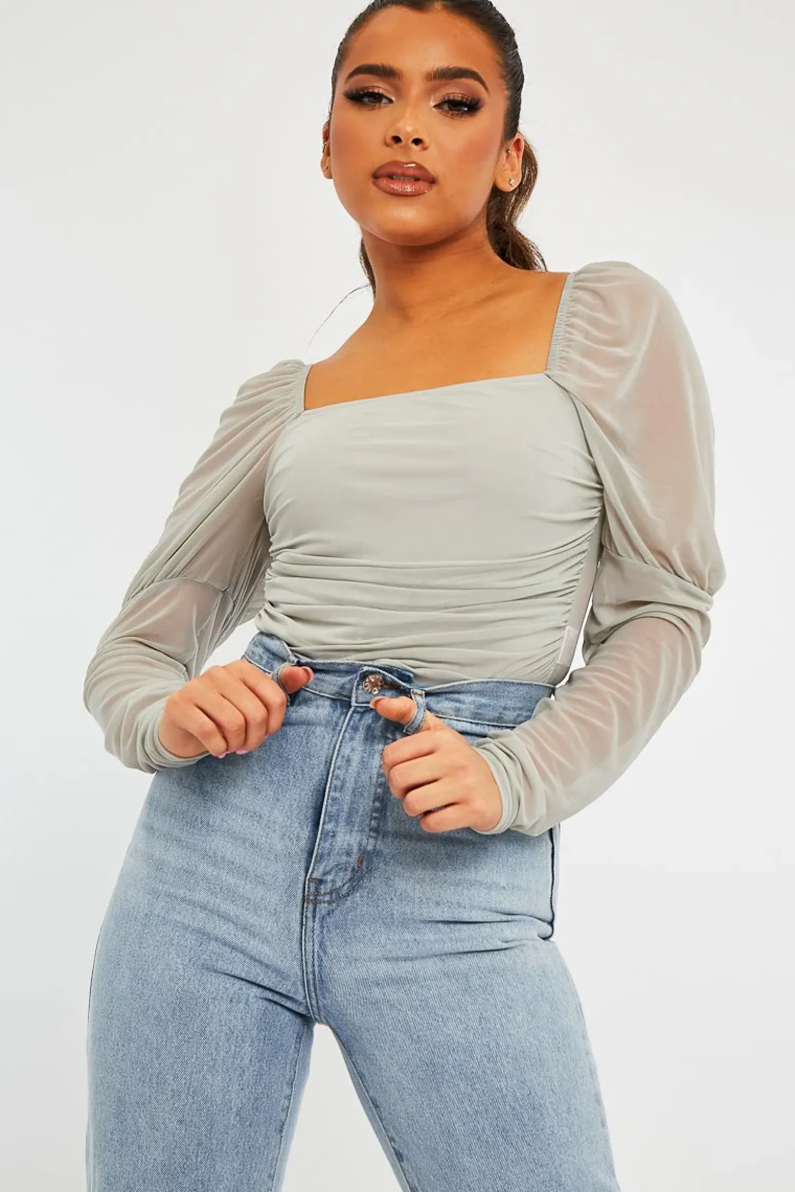 Rebellious Fashion Grey Ruched Body Mesh Sleeve Bodysuit - Raeya