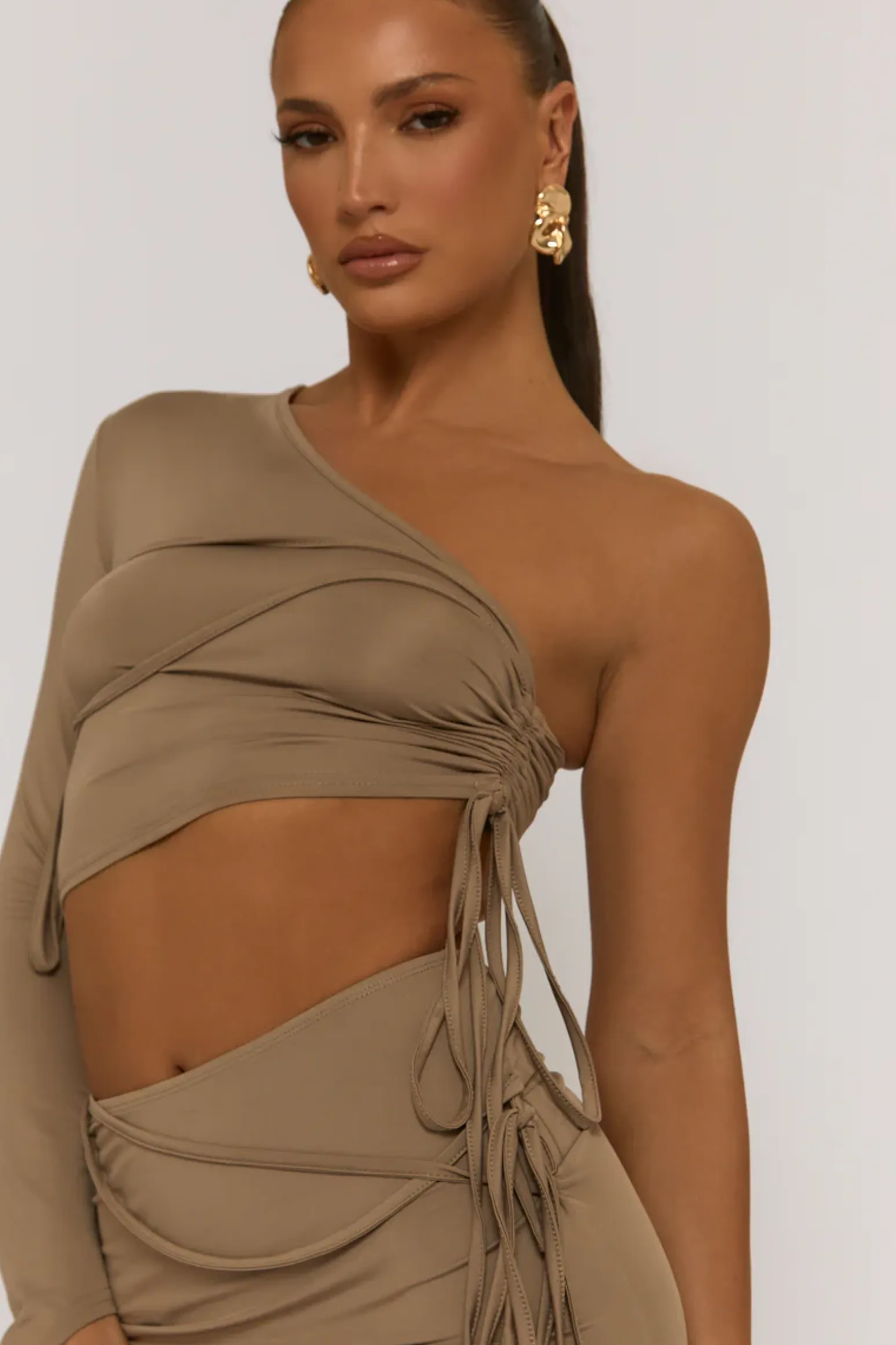Rebellious Fashion Grey Ruched One Sleeve Crop Top Mini Skirt Co-ord - Chicago