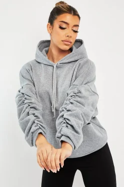 Rebellious Fashion Grey Ruched Sleeve Oversized Hoodie - Dezi