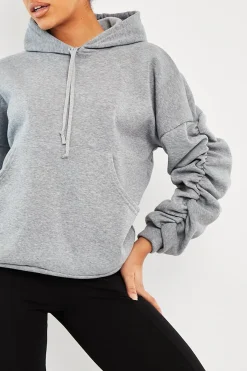 Rebellious Fashion Grey Ruched Sleeve Oversized Hoodie - Dezi