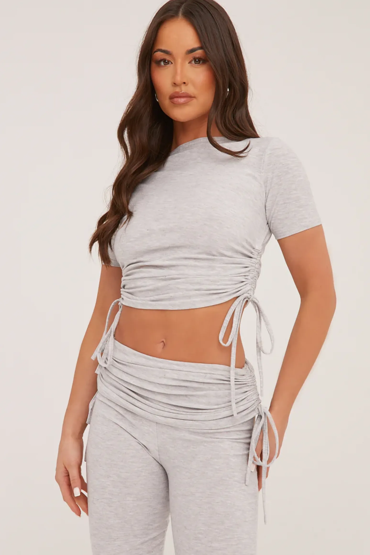 Rebellious Fashion Grey Ruching Detail Cropped Top & Trousers Co-ord Set - Kyani