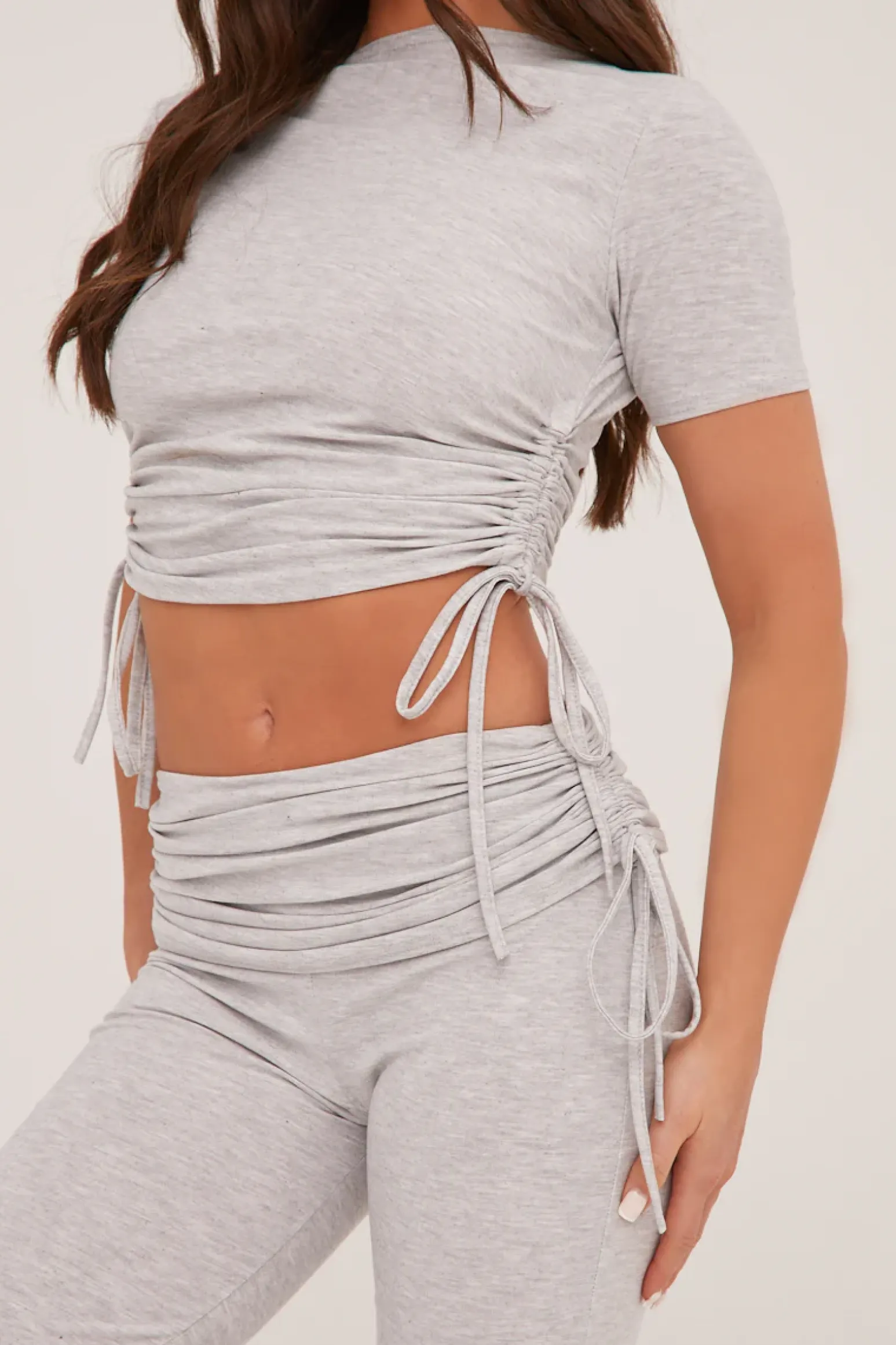 Rebellious Fashion Grey Ruching Detail Cropped Top & Trousers Co-ord Set - Kyani