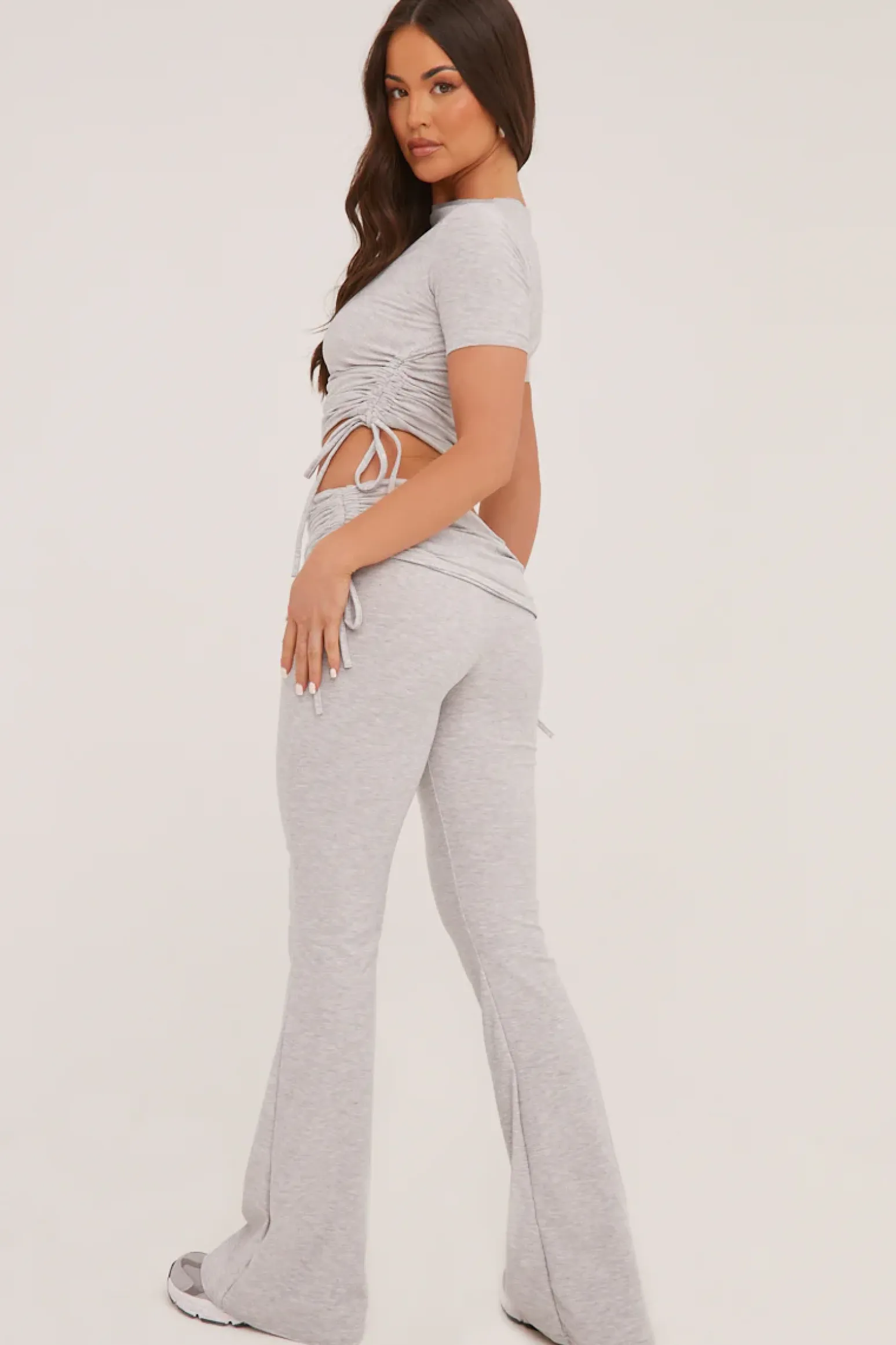 Rebellious Fashion Grey Ruching Detail Cropped Top & Trousers Co-ord Set - Kyani