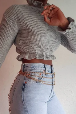 Rebellious Fashion Grey Ruffle Hem Chunky Knit Crop Jumper - Alannah