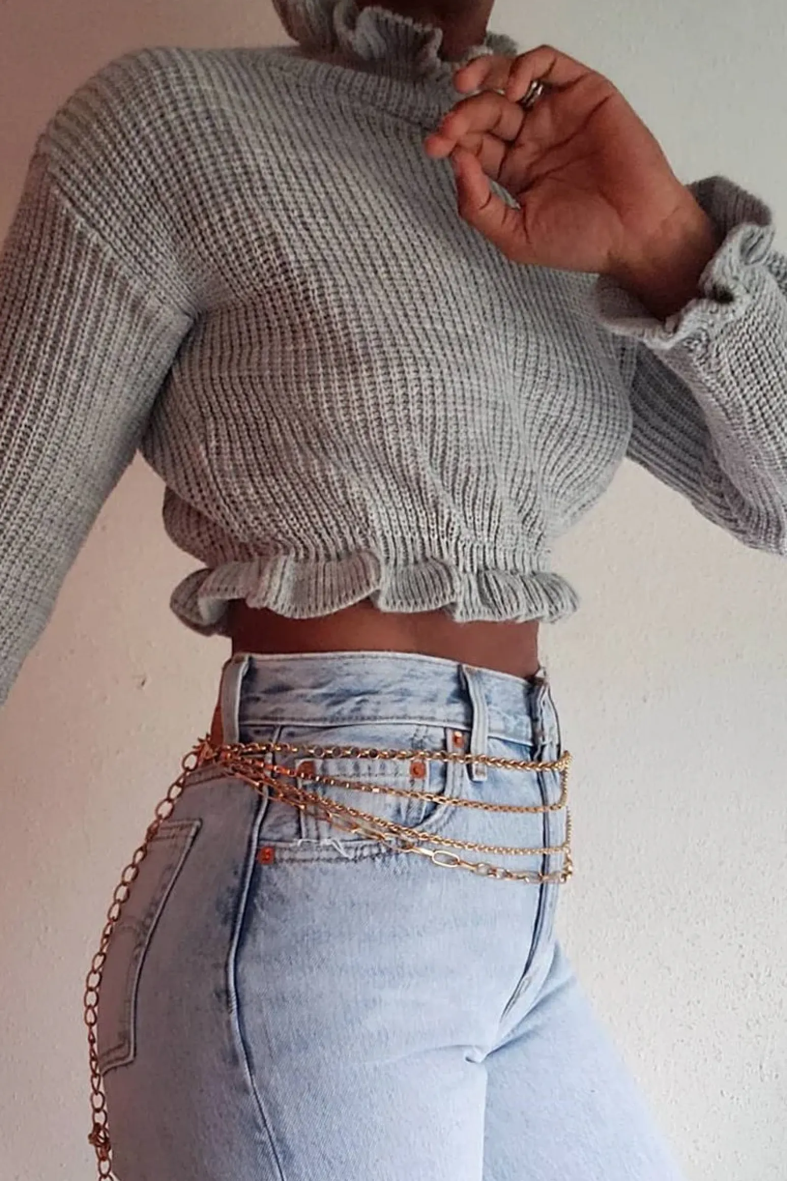Rebellious Fashion Grey Ruffle Hem Chunky Knit Crop Jumper - Alannah