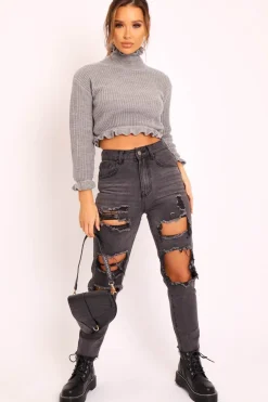 Rebellious Fashion Grey Ruffle Hem Chunky Knit Crop Jumper - Alannah