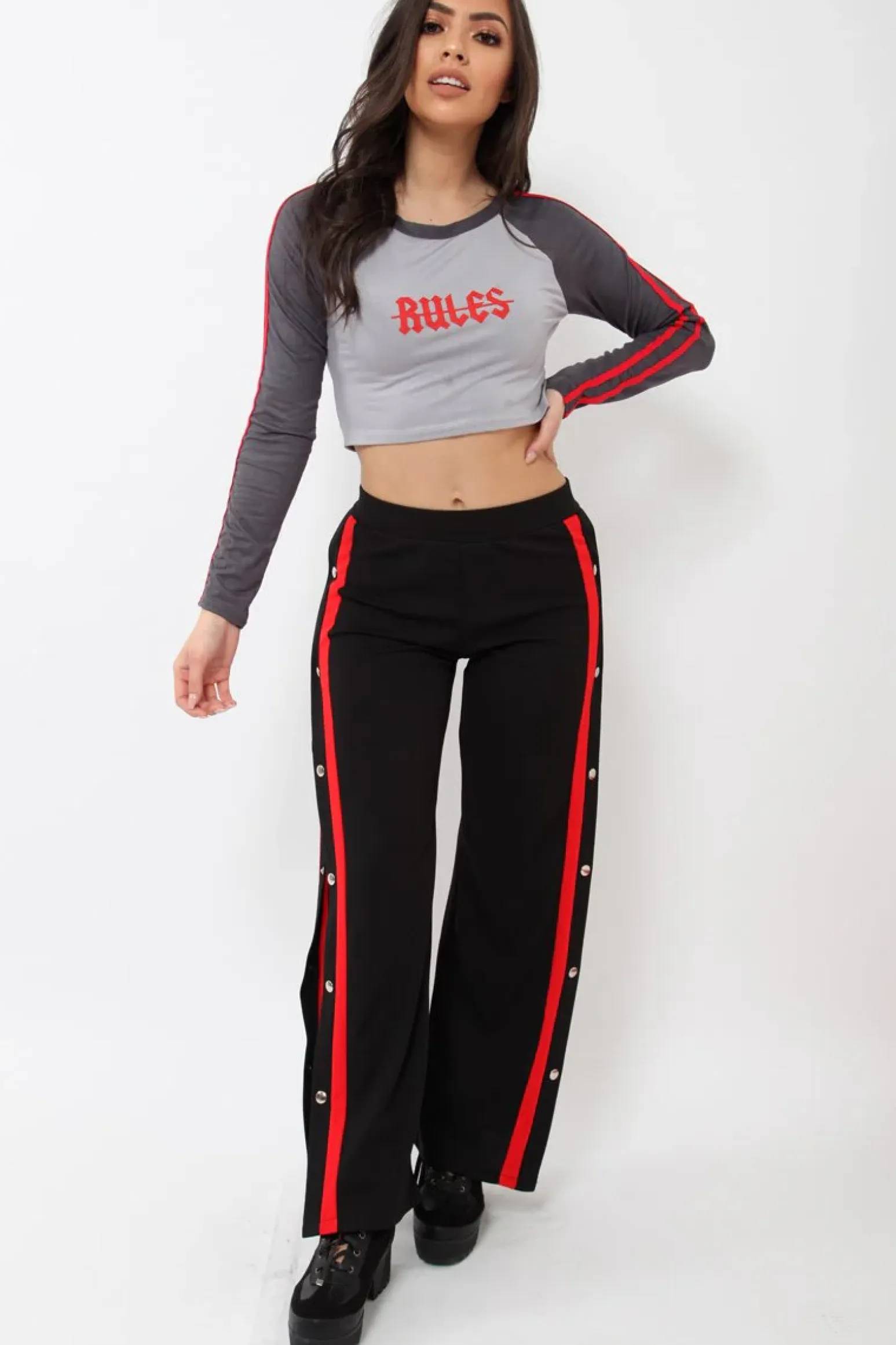 Rebellious Fashion Grey Rules Contrast Sleeves Crop Top - Cora