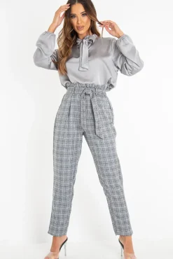 Rebellious Fashion Grey Satin Tie Front Long Sleeve Blouse - Cherie