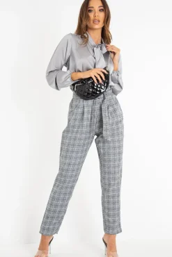 Rebellious Fashion Grey Satin Tie Front Long Sleeve Blouse - Cherie