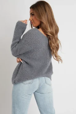Rebellious Fashion Grey Scoop Neck Fluffy Jumper - Ameliah