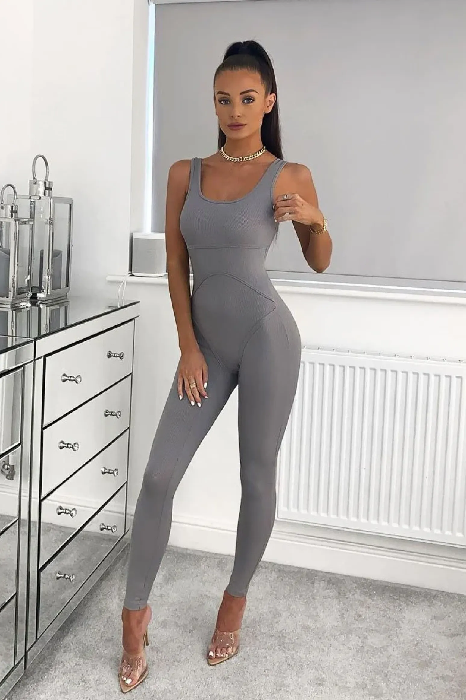 Rebellious Fashion Grey Seam Corset Detail Bodycon Jumpsuit - Natalia
