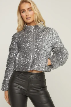 Rebellious Fashion Grey Sequin Cropped Puffer Jacket - Jady