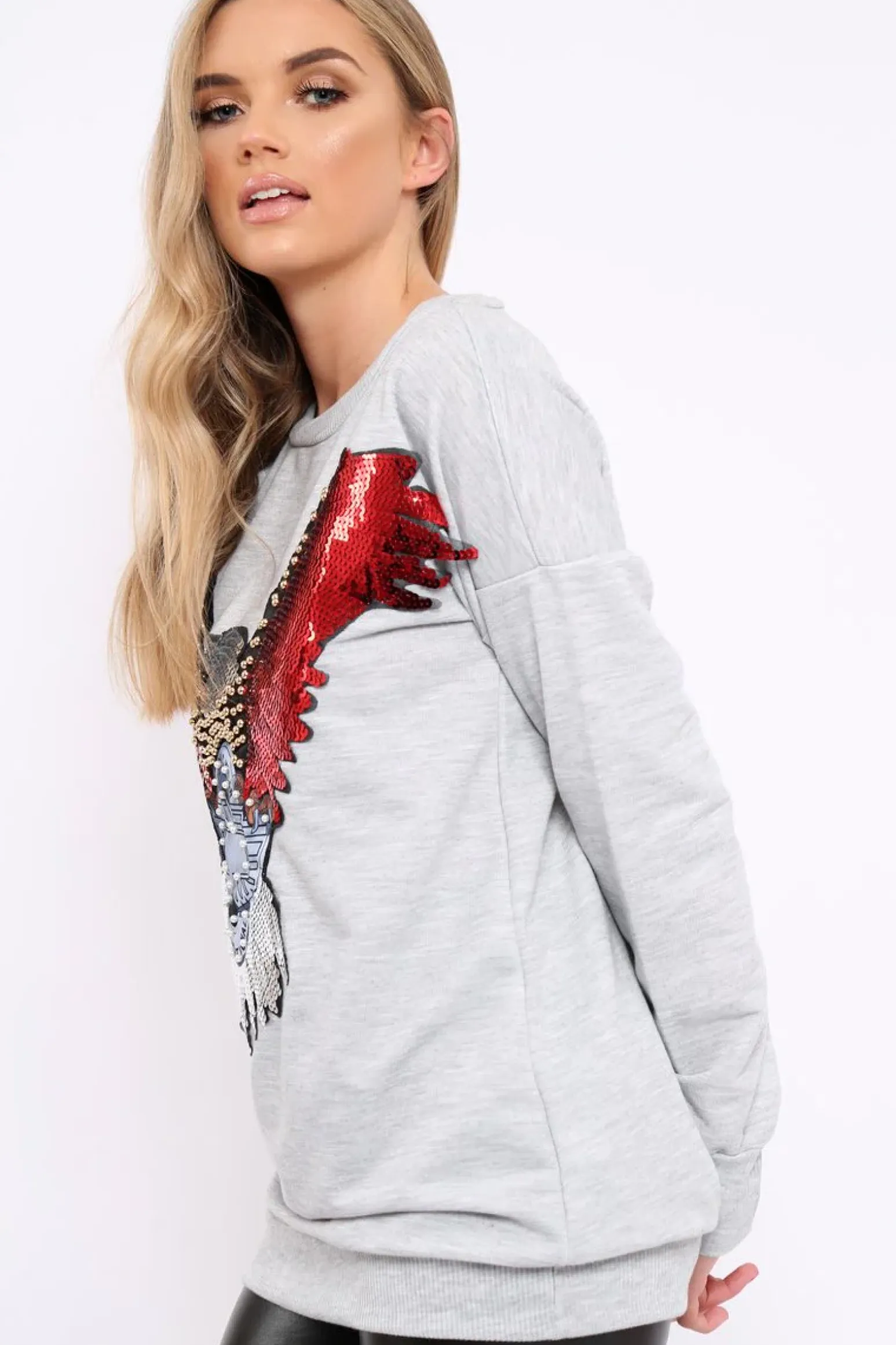 Rebellious Fashion Grey Sequin Embellished Rock Eagle Slogan Sweatshirt - Zaria